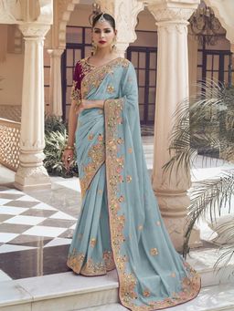 Odette - Sea Green Georgette Embroidered Elegant Saree with Unstitched Blouse