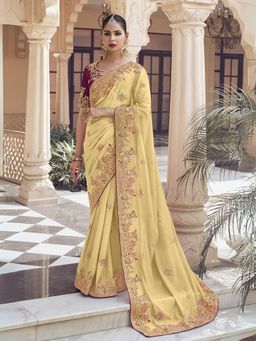 Odette - Yellow Georgette Embroidered Elegant Saree with Unstitched Blouse