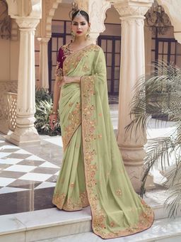 Odette - Light Green Georgette Embroidered Elegant Saree with Unstitched Blouse