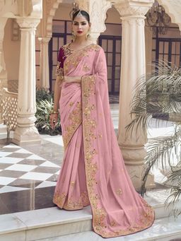 Odette - Pink Georgette Embroidered Elegant Saree with Unstitched Blouse