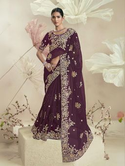 Odette - Dark Purple Organza Embellished Elegant Saree with Unstitched Blouse