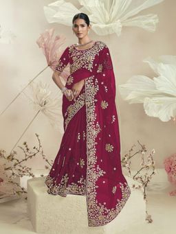 Odette - Dark Pink Organza Embellished Elegant Saree with Unstitched Blouse