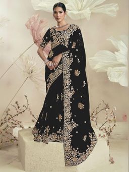 Odette - Black Organza Embellished Elegant Saree with Unstitched Blouse