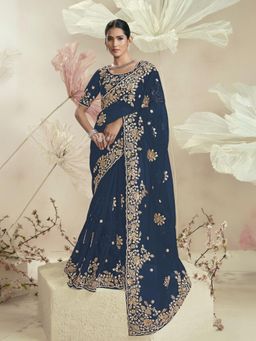 Odette - Dark Teal Organza Embellished Elegant Saree with Unstitched Blouse