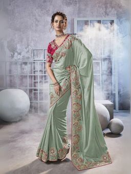 Odette - Light Green Georgette Crush Embellished Elegant Saree with Unstitched Blouse