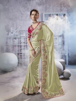 Odette - Light Green Georgette Crush Embroidered Elegant Saree with Unstitched Blouse