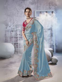 Odette - Sky Blue Georgette Crush Embroidered Elegant Saree with Unstitched Blouse