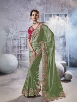 Odette - Light Green Georgette Crush Embroidered Elegant Saree with Unstitched Blouse