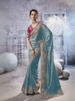 Odette - Sea Green Georgette Crush Embroidered Elegant Saree with Unstitched Blouse