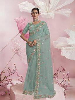 Odette - Sea Green Net Embellished Elegant Saree with Unstitched Blouse