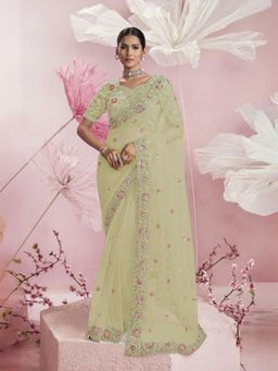 Odette - Yellow Net Embellished Elegant Saree with Unstitched Blouse