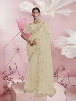 Odette - Cream Net Embellished Elegant Saree with Unstitched Blouse