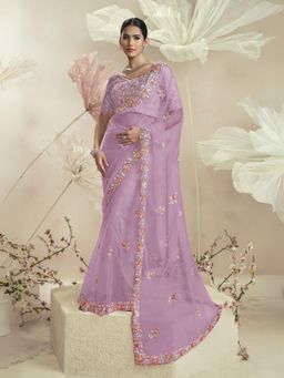 Odette - Lavender Net Embellished Elegant Saree with Unstitched Blouse