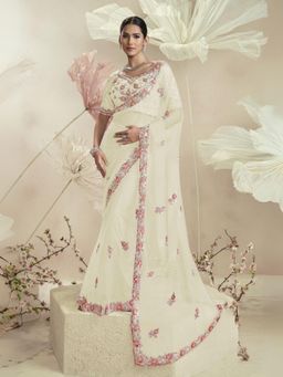 Odette - Cream Net Embellished Elegant Saree with Unstitched Blouse
