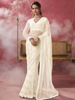 Odette - White Net Embellished Elegant Saree with Unstitched Blouse