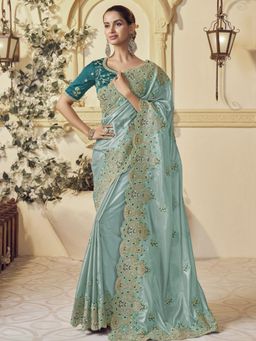 Odette - Light Green Georgette Embroidered Elegant Saree with Unstitched Blouse