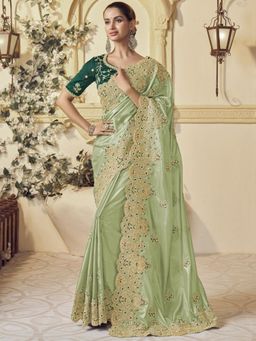 Odette - Light Green Georgette Embroidered Elegant Saree with Unstitched Blouse