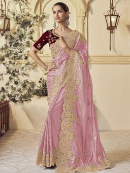 Odette - Pink Georgette Embroidered Elegant Saree with Unstitched Blouse