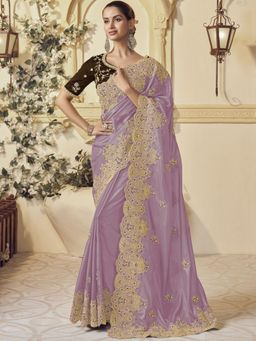 Odette - Lavender Georgette Embroidered Elegant Saree with Unstitched Blouse