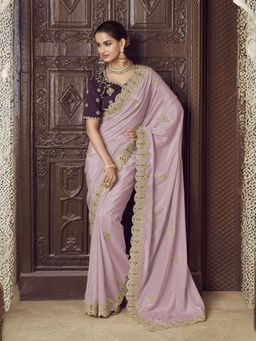 Odette - Lavender Crepe Embroidered Elegant Saree with Unstitched Blouse