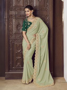 Odette - Light Green Crepe Embroidered Elegant Saree with Unstitched Blouse