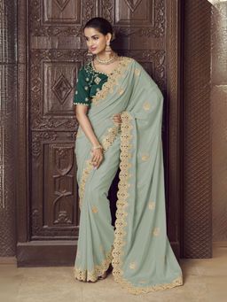 Odette - Green Crepe Embroidered Elegant Saree with Unstitched Blouse