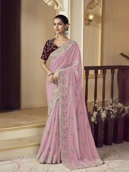 Odette - Light Pink Georgette Embroidered Elegant Saree with Unstitched Blouse