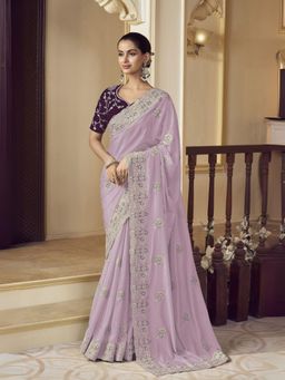 Odette - Lavender Georgette Embroidered Elegant Saree with Unstitched Blouse
