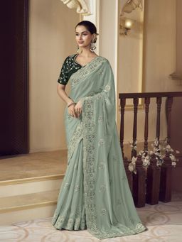 Odette - Dusty Green Georgette Embroidered Elegant Saree with Unstitched Blouse