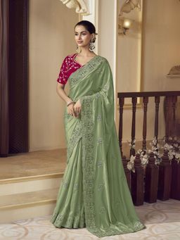 Odette - Light Green Georgette Embroidered Elegant Saree with Unstitched Blouse