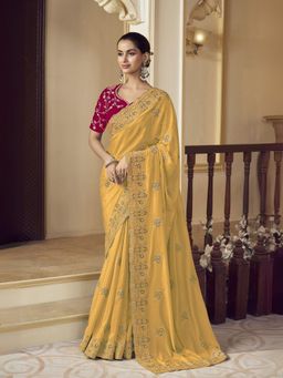Odette - Yellow Georgette Embroidered Elegant Saree with Unstitched Blouse