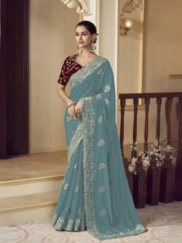 Odette - Light Teal Georgette Embroidered Elegant Saree with Unstitched Blouse