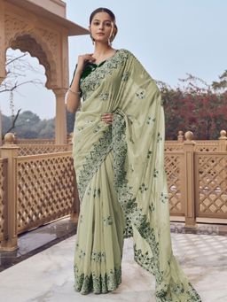Odette - Green Georgette Embellished Elegant Saree with Unstitched Blouse