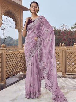 Odette - Lavender Georgette Embellished Elegant Saree with Unstitched Blouse