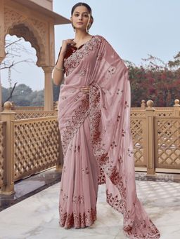 Odette - Light Pink Georgette Embellished Elegant Saree with Unstitched Blouse