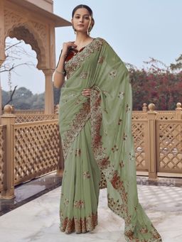 Odette - Dusty Green Georgette Embellished Elegant Saree with Unstitched Blouse