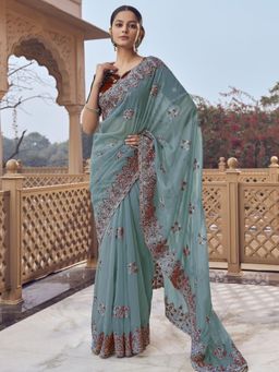 Odette - Dusty Teal Georgette Embellished Elegant Saree with Unstitched Blouse