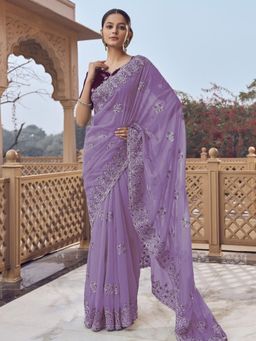 Odette - Lavender Georgette Embellished Elegant Saree with Unstitched Blouse