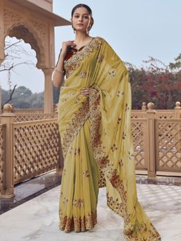 Odette - Yellow Georgette Embellished Elegant Saree with Unstitched Blouse