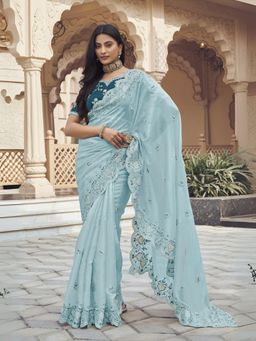 Odette - Sea Blue Silk Blend Embellished Elegant Saree with Unstitched Blouse