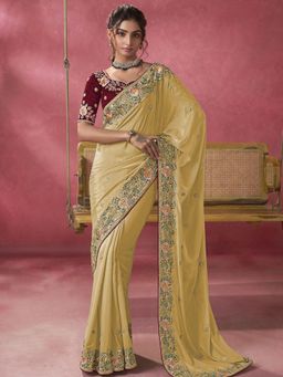 Odette - Yellow Georgette Embroidered Elegant Saree with Unstitched Blouse