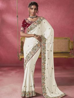 Odette - White Georgette Embroidered Elegant Saree with Unstitched Blouse