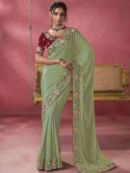 Odette - Light Green Georgette Embroidered Elegant Saree with Unstitched Blouse