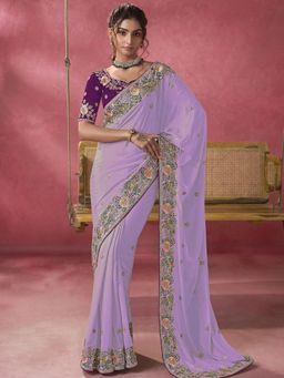 Odette - Lavender Georgette Embroidered Elegant Saree with Unstitched Blouse