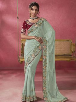 Odette - Sea Green Georgette Embroidered Elegant Saree with Unstitched Blouse