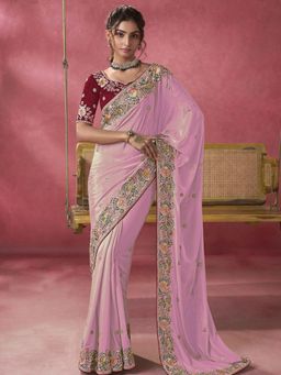 Odette - Pink Georgette Embroidered Elegant Saree with Unstitched Blouse