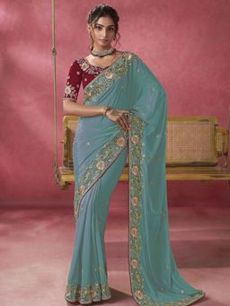 Odette - Teal Georgette Embroidered Elegant Saree with Unstitched Blouse