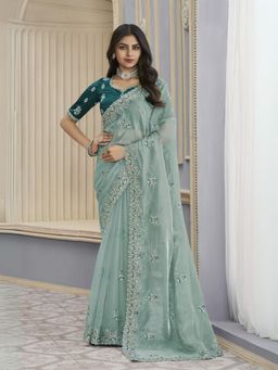 Odette - Sea Green Organza Embroidered Elegant Saree with Unstitched Blouse