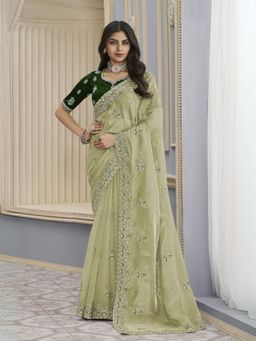Odette - Light Green Organza Embroidered Elegant Saree with Unstitched Blouse