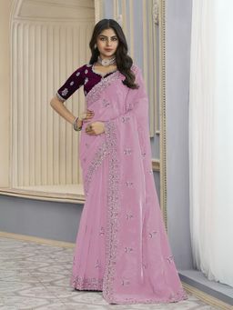 Odette - Pink Organza Embroidered Elegant Saree with Unstitched Blouse
